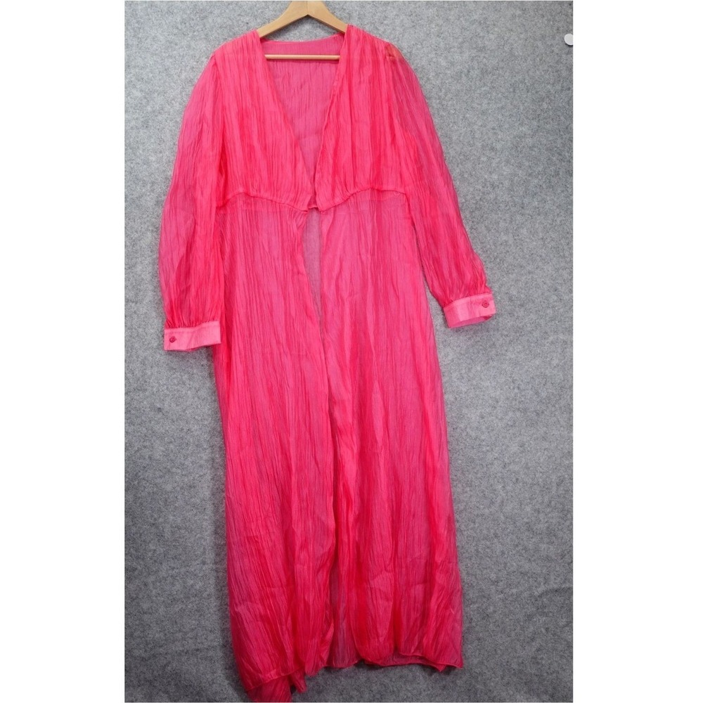Y2K Fairy Robe Women MEDIUM Pink Crinkled Silk Barbie Sheer Kimono 60s Peignoir